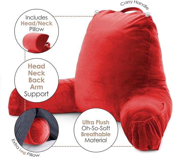 Nestl Reading Pillow Large Bed Pillow, Back Pillow for Sitting in Bed Shredded Memory Foam Chair Pillow, Reading & Bed Rest Pillows Red Back Pillow for Bed, Bed Chair Arm Pillow with Pockets