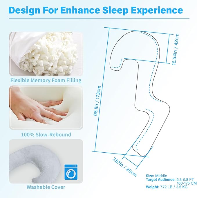 Swan Body Pillow with Cover, 68 Inches Memory Foam Full Body Pillow for Side Sleeper, Long Pregnancy Pillow with Contour Support for Back, Knee, Leg Relief - Middle Grey