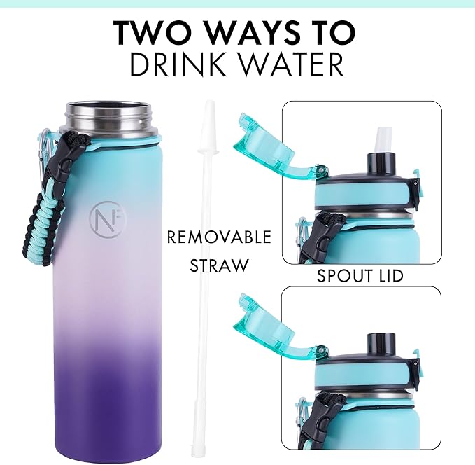 32 oz Insulated Water Bottle With Detachable Straw & Paracord Handle, Stainless Steel Thermos Water Bottle with Leakproof Lockable Lid, BPA-Free Sports Bottle (Green Pink Purple Gradient)