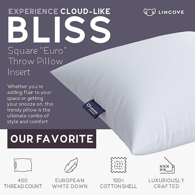 Lincove 100% European Down Venus Pillow – German Down 600 Fill Power, 400 Thread Count Shell, Made in Canada, | Luxe Collection, 22"x22"