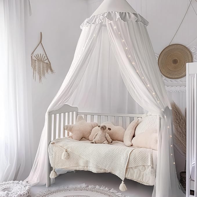 Bed Canopy with String Light, Double Layer Mosquito Net Bed Canopies White Princes Fairy Canopy Tent for Girls, Adults, Hanging Bed Tent Drapes Bed Curtains Reading Nook, 27''x108''