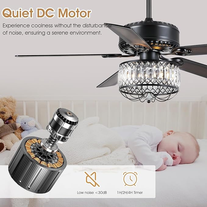 Chandelier Ceiling Fans with Lights - 52 Inch Modern Farmhouse Fandelier Ceiling Fan with Remote, Crystal Ceiling Fan Light for Bedroom Living Dining Room, Dual Finish Wooden Blades, Black