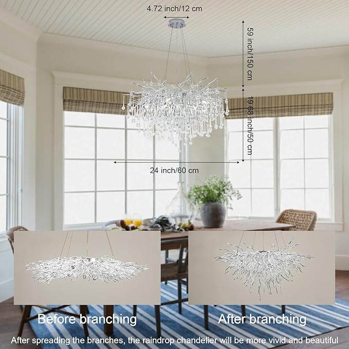 Branch Chandeliers Lights,8-Light Modern Crystal Chandelier Raindrop Luxury Chandelier Light Fixture for Dining Room Living Room,Kitchen Island D23.6in Farmhouse Chandelier