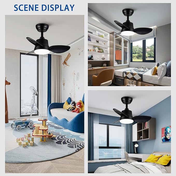 Black small Ceiling Fan with Light 24-Inch, Remote Control, 3-Color Dimmable, Reversible, 6-Speed - Ideal for Kitchen, Bedroom, Balcony, Study - Easy Installation