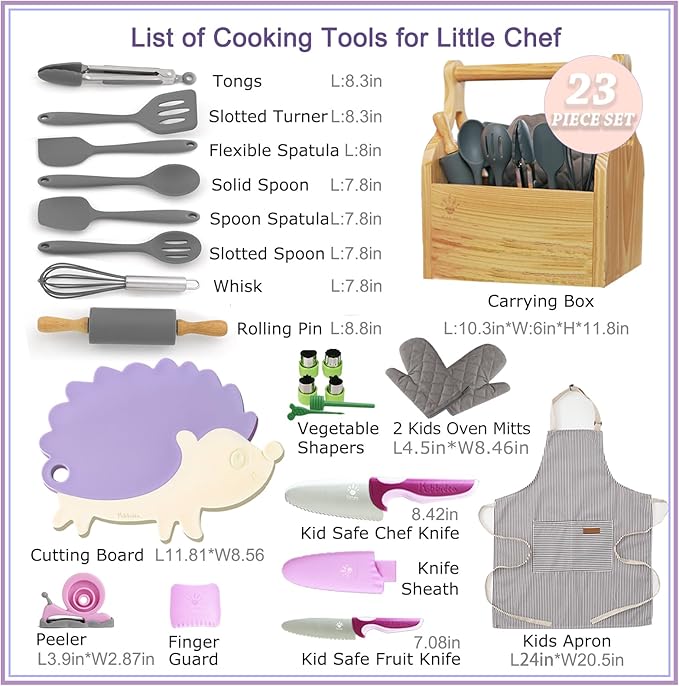 Kids Cooking and Baking Sets Real 23PCS, Toddler Chef Knife Set with Cutting Board and Peeler, BPA-free, Food Grade Child Safe Kitchen Tool for Meal Prep (Purple)
