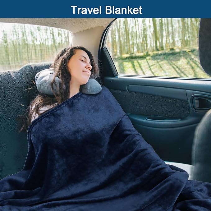 Bnuitland Travel Blanket and Pillow 2 in 1, Soft Flannel Airplane Blanket in Bag Compact-Long Flight Essential for Adults and Kids, Portable Luggage Sleeve and Backpack Clip, 65×40 inch Navy
