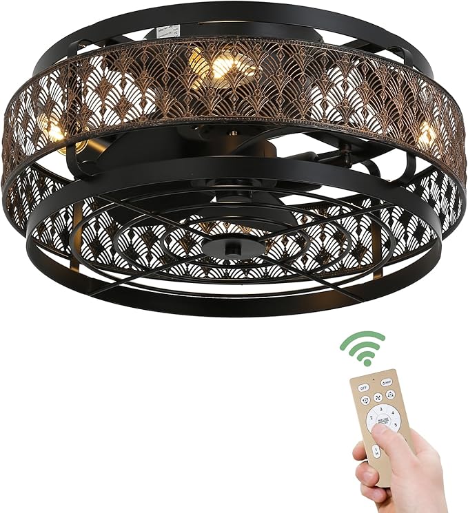 Low Profile Caged Ceiling Fan With Light&Remote, 17" Flush Mount Farmhouse Ceiling Fan, Enclosed Rustic Ceiling Fan with Reversible Motor, Black and Gold Industrial Ceiling Fixture for Bedroom/Kitchen