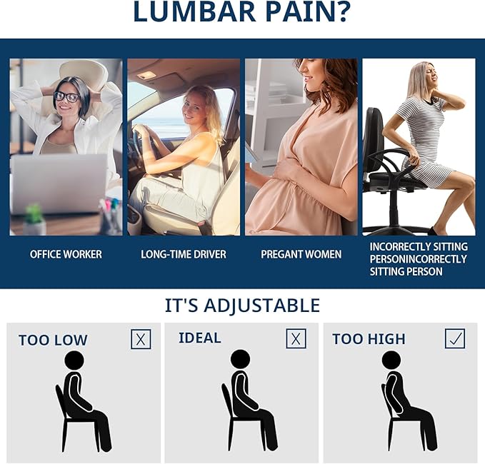 HOMBYS Lumbar Support Pillow for Office Chair-Seat Cushion for Back Support, Improved Sitting Posture and Upper/Lower Back Pain Relief for Desk Chairs, Car Seats and Airplanes (Navy Blue, 16"x12"x3")