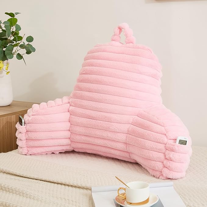 Faux Fur Fluffy Pink Reading Pillow with Pockets, Luxury Striped Plush Decorative, Arm Rests and Back Surport for Bed Rest, Lounging on sofa, Standard