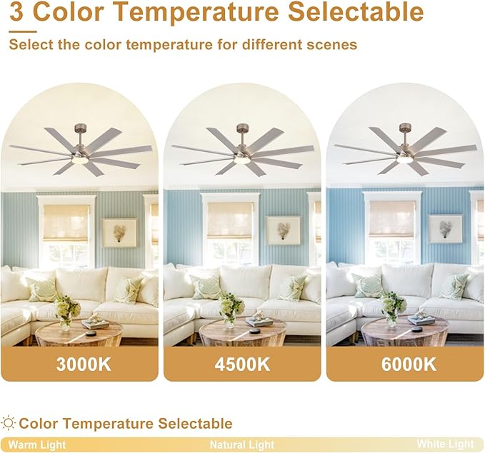 Depuley 72" Reversible Modern Ceiling Fan with Remote and APP Control, 3 CCT Dimmable Industrial Ceiling Fans with Light, Outdoor LED Ceiling Fan for Patios Factory Warehouse Living Room, Nickel