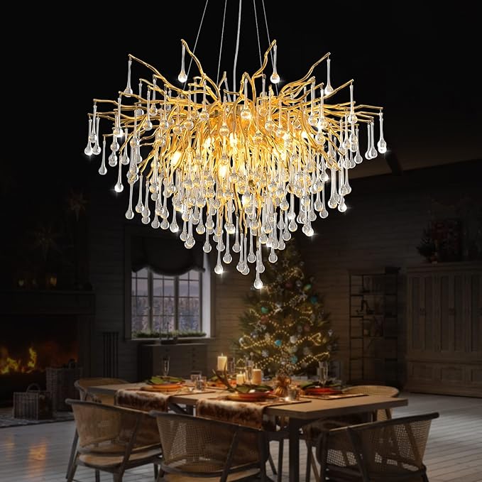 31.5 Inch Modern Crystal Chandeliers,10-Light Gold Tree Branch Chandelier Hanging Light Fixtures,Raindrop Chandeliers for Dining Room,Living Room