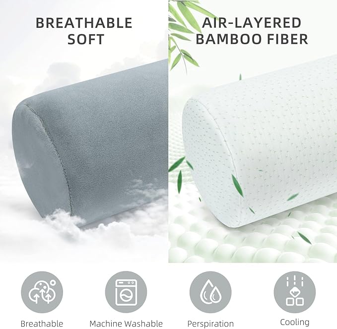 Cervical Neck Pillow with 2 Pillowcases Roll Memory Foam Support Round Pillows for Pain Relief Sleeping, Bed, Legs, Back and Yoga 17 x 4.5 Inches