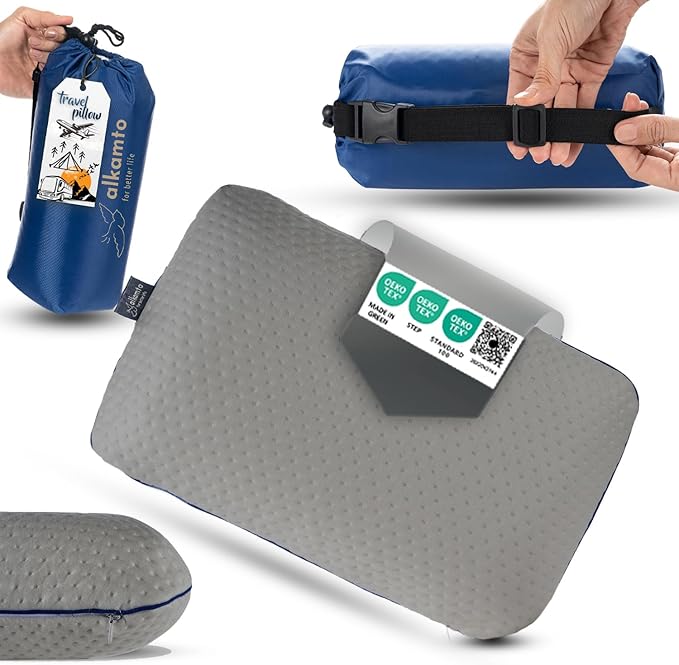 Travel & Camping Comfortable Memory Foam Pillow – Easy to Carry Portable Bag – Temperature Regulating Pillow Case (Grey)