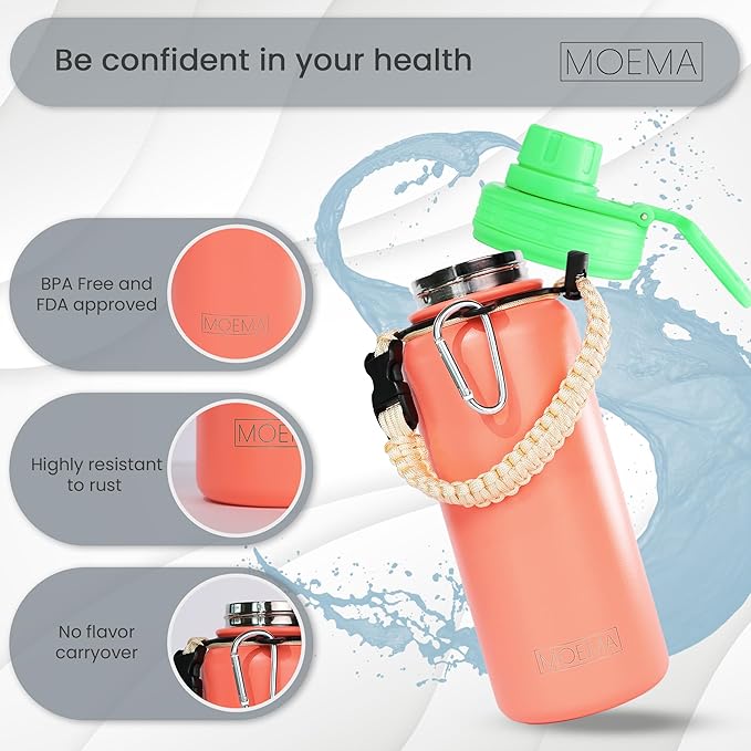 32oz Insulated Water Bottle with Paracord Handle and Straw, Stainless Steel Cup with 2 Lids & Straw, BPA-Free, Thermo Bottle Double Wall Vacuum Insulation, for Gym, Sports (Coral Orange)