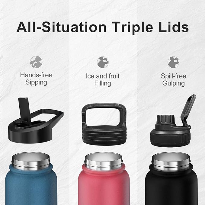 40oz Insulated Water Bottle with 3 Lids(Straw, Hand and Spout Lid), Double Vacuum Stainless Steel Metal Water Flask(BPA-free, CPC) for Sports, Camping, Hiking, Cycling, Fitness and more(Black)