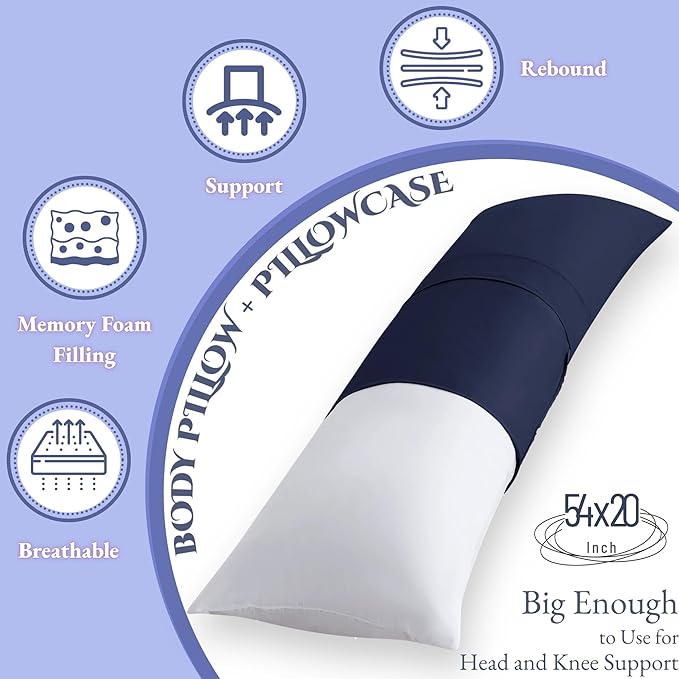 Ubauba Memory Foam Body Pillow with Cover, Full Large Body Pillows Insert for Adults with Envelope Closure Pillowcase, Firm & Fluffy Long Bed Pillows for Sleeping (20x54 inch, Navy)