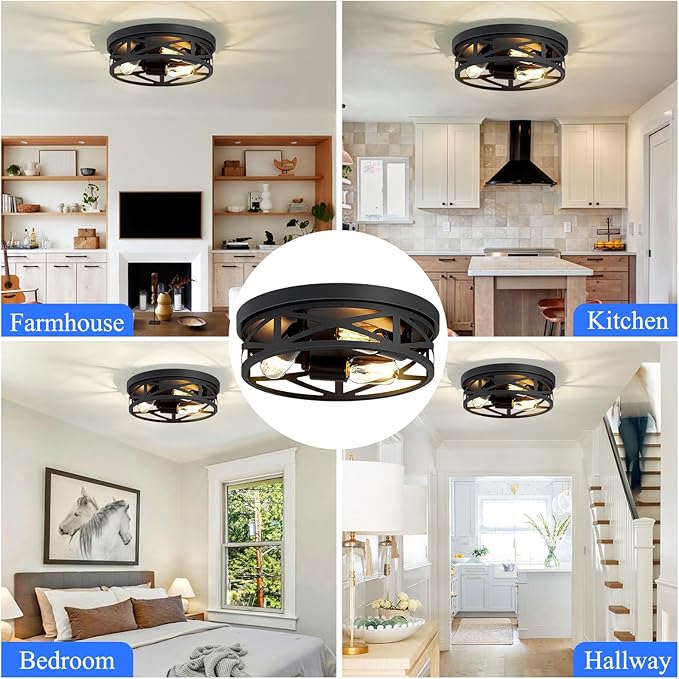 Flush Mount Ceiling Light Fixture,3-Light Ceiling Light Fixture for Hallway, Black Hallway Light Fixtures Ceiling,Light Fixtures Ceiling Mount for Kitchen,Farmhouse,Hall (1 Pack) (13.1inch)