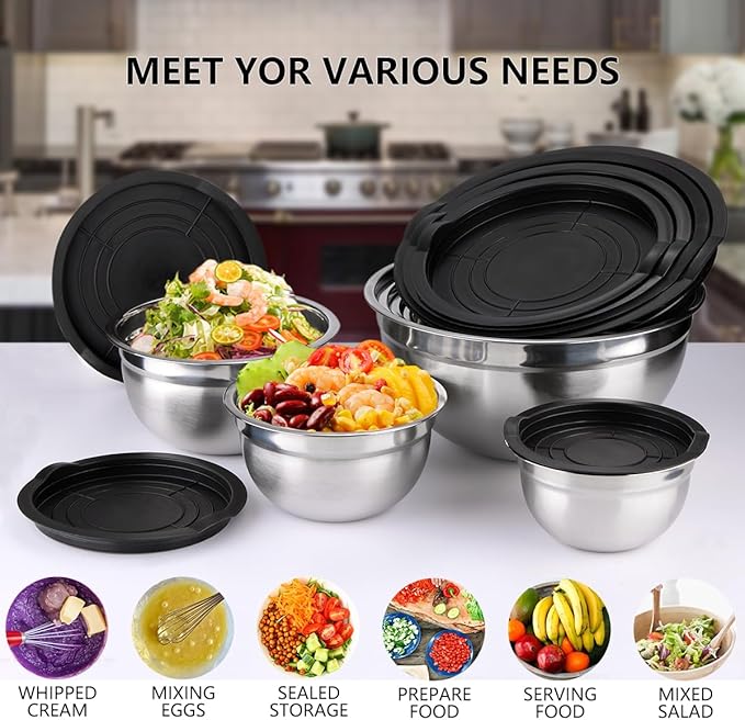 Mixing Bowls with Lids set - 26 PCS Stainless Steel Nesting Black Mixing Bowls Set for Baking, Mixing, Serving & Prepping, Size 5, 3.7, 2.8, 2.3, 1.7, 1.1, 0.7QT, 12 Cooking Utensils