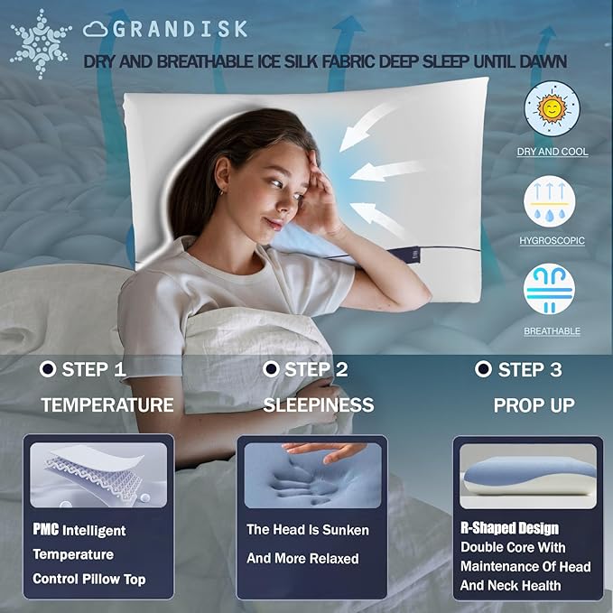 Grandisk Memory Foam Pillows for Neck Pain Relief Dual Core Side Back Stomach Cervical Pillow with Ergonomic