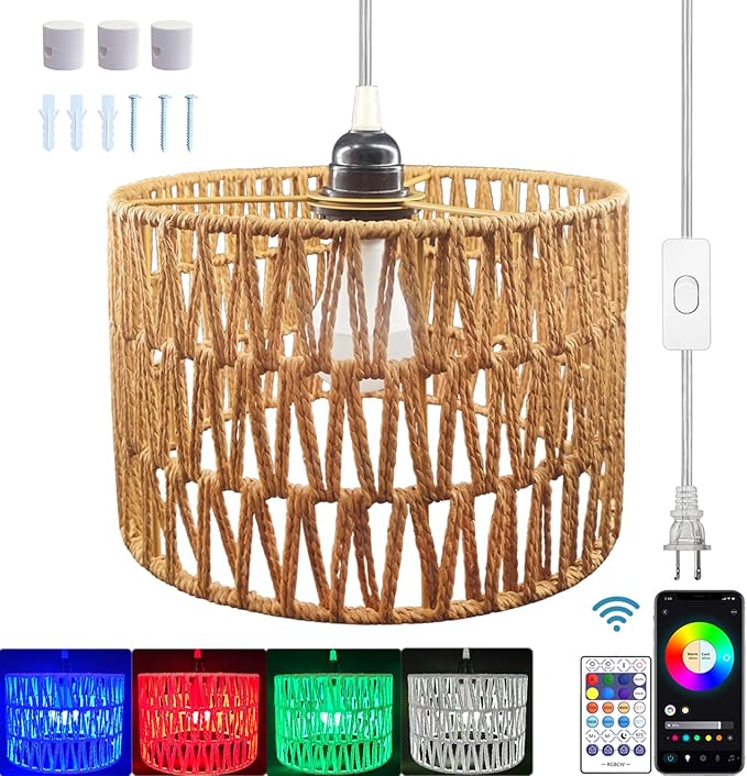 Hanging Lamp Plug in Rattan Hanging Lights with Plug in Cord, Woven Pendant Light with Smart RGB Bulb and Remote Control for Bedroom Living Room Farmhouse Kitchen (‎‎Rattan, Barrel Shade)