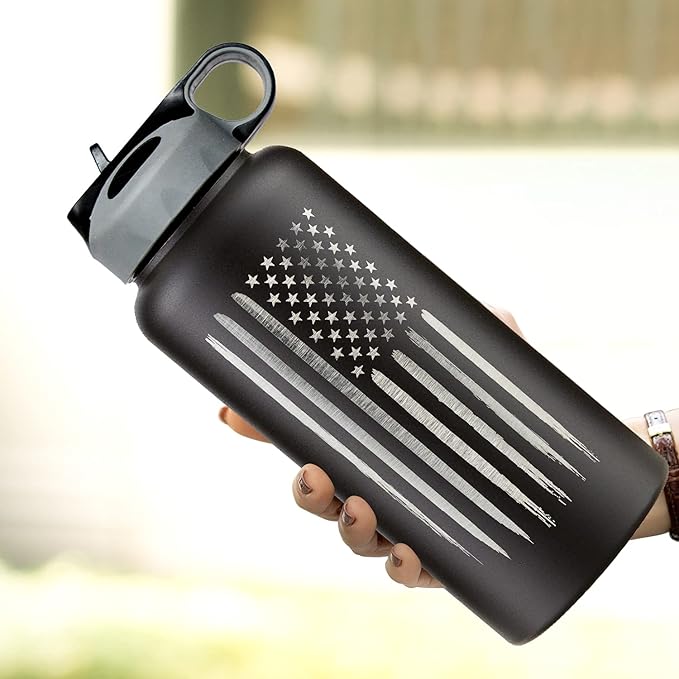 32oz American Flag Stainless Steel Insulated Water Bottle - Engraved USA Flag - American Flag Gift Set | Disabled USMC Vet Owned SMALL Business