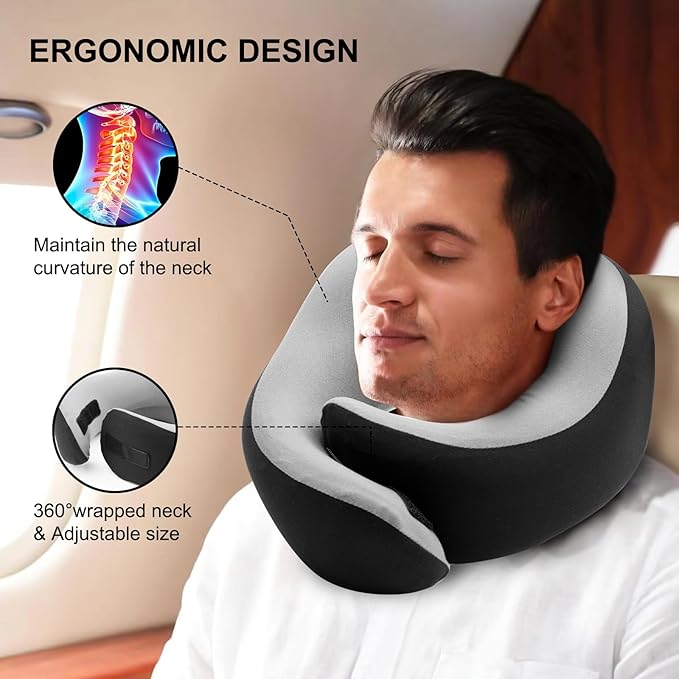 Travel Pillow, 360° Wrapped Travel Neck Pillow, 100% Pure Memory Foam Neck Pillow, Airplane Neck Pillows, Perfect Support, Soft and Breathable Pillows, Travel Accessories with Portable Bag