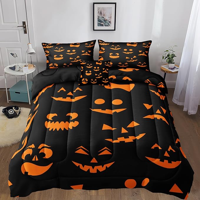 Bedbay Halloween King Comforter Set Black Orange Ghost Bedding Set for Kids Boys 4 Pcs Soft and Breathable Comforter Halloween Room Decor(Orange,King)