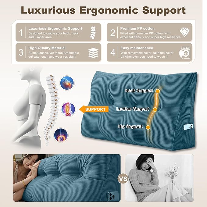 Headboard Pillow - Queen-Sized Headboard Wedge Pillow for Daybeds and Bunk Beds - Durable, Comfortable, with Removable Velvet Cover (Navy blue, 54x20x8Inches)