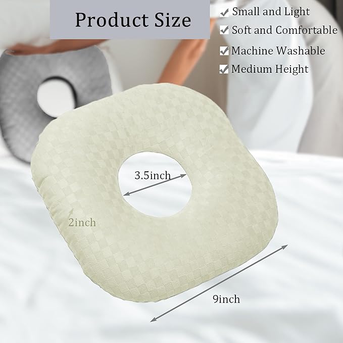 Ear Piercing Pillow for Side Sleepers, Pillow with an Ear Hole for CNH and Ear Pain Ear Inflammation Pressure Sores, O-Shaped Side Sleeping Pillow, Ear Guard Pillow (Cream)
