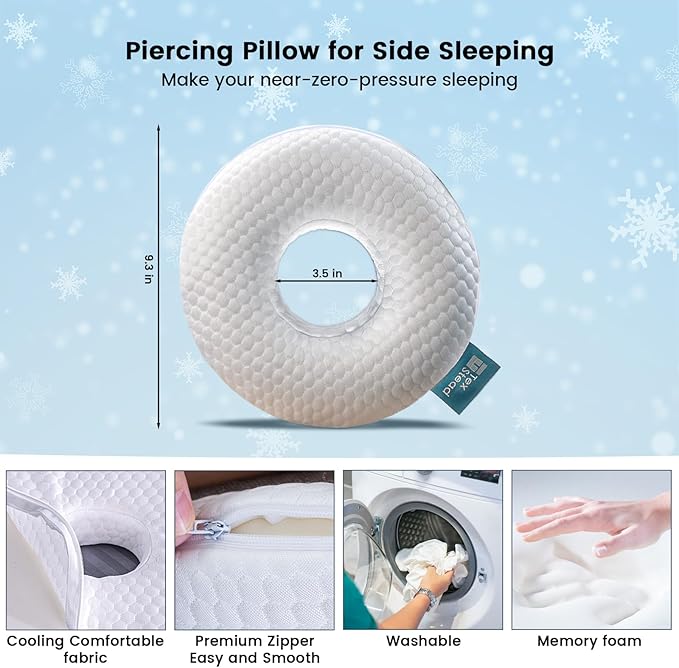 Ear Pillow with Ear Piercing for Side Sleeping, Ear Hole Memory Foam Cooling Pillows for CNH and Ear Pain Ear Inflammation Pressure Sores, Travel, White