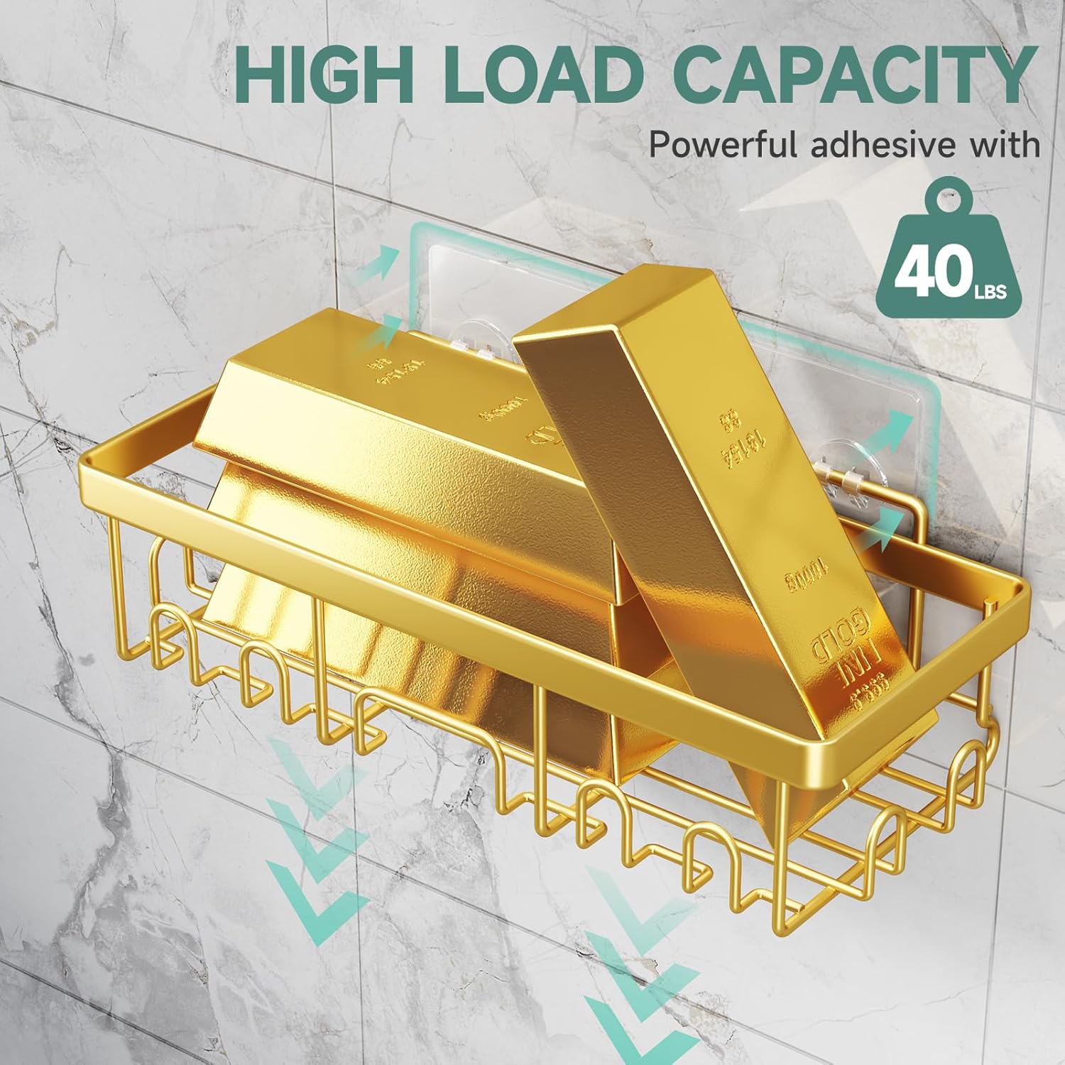 Veken Adhesive Shower Caddy 6-Pack,Gifts for Women Mom,Heavy Weight Bearing,Large Wall Mounted Bathroom Shelves Rack,Organizer Storage Accessories with Soap Dish&Toothbrush Holder,Bright Gold