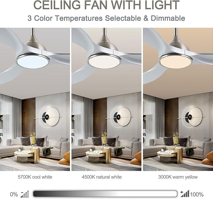 52 Inch Quiet DC Motor 6 Speed High CFM Modern Ceiling Fan with Lights Remote Control, 3 Blade Indoor Silver Ceiling Fan for Bedroom, Office, Living Room