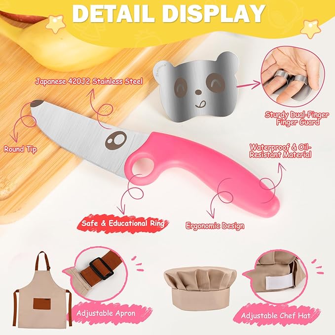 Kids Knife Set for Real Cooking with Educational Ring & Children Apron & Chef Hat- Children Training Knife Set-Pink