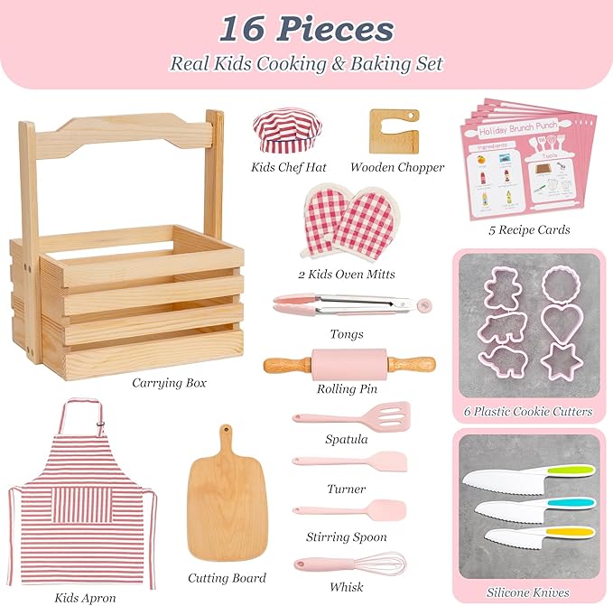 Kids Baking & Cooking Set, 16 Pcs Pink Toddler Baking Set for Real Food Making with Storage Case, Kids Real Cooking Kitchen Set for Junior Chef with Kids Apron & Hat, Kids Kitchen Utensils for Girls