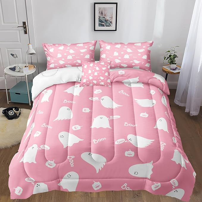 Bedbay Halloween Queen Comforter Pink Cartoon Ghost Comforter Sets for Kids Girls 4 Pcs Soft Microfiber Halloween Bedding Set Cute Halloween Room Decoration(Pink,Queen)