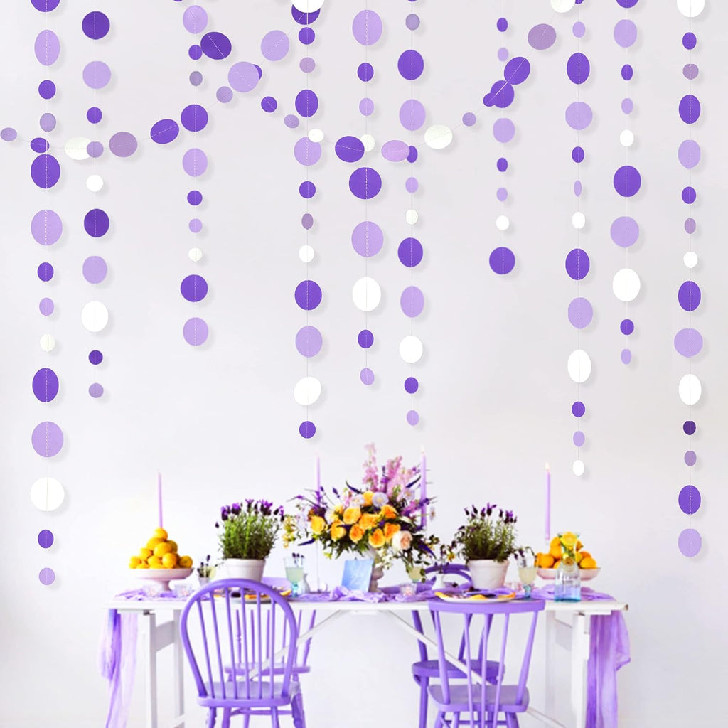 46 Ft Purple and White Circle Dots Garland Lavender Hanging Paper Polka Dot Streamer for Birthday Anniversary Engagement Wedding Baby Bridal Shower Valentine Day Lilac Theme Party Decorations Supplies