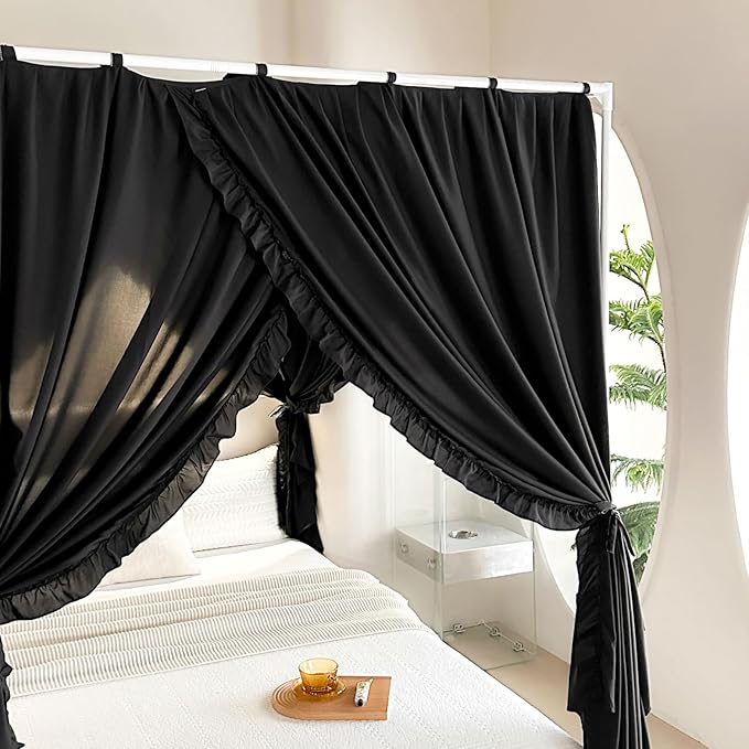 AIKASY Princess Canopy Bed Curtains with Top Ties - Windproof & Lightproof for Girls' Adult Bedroom Decor | Bed Canopy Drapes (King,Black)