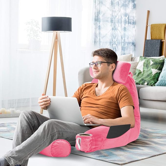 Nestl Reading Pillow Large Bed Pillow, Back Pillow for Sitting in Bed Shredded Memory Foam Chair Pillow, Reading & Bed Rest Pillows Light Pink Back Pillow for Bed, Bed Chair Arm Pillow with Pockets