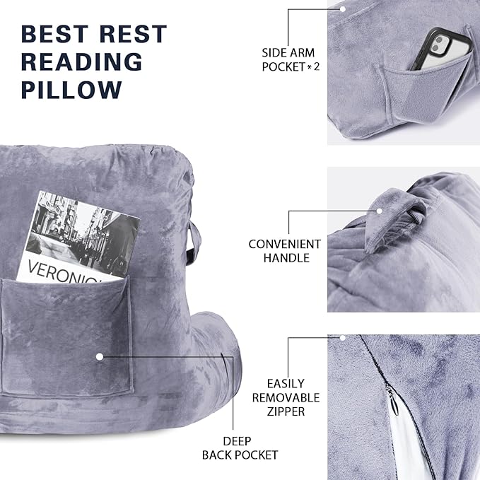 SLIGUY Reading Pillow Standard Bed Pillow for Sitting in Bed Couch or Floor-Backrest with Arms Support and Pockets, Adult Back Pillow Bed Chair for Bed Rest, Reading, Watching TV,Gaming, Grey