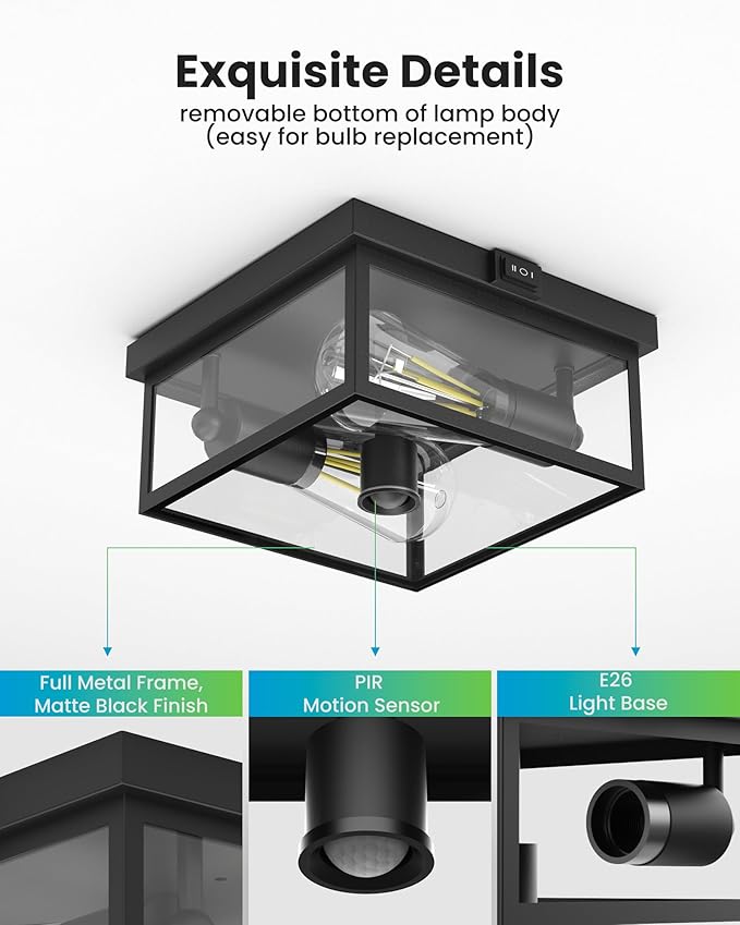 Outdoor Flush Mount Motion Sensor Ceiling Light - Modern Design of Squares with Motion Sensor 3 Modes Porch Ceiling Light for Your Porch, Driveway, Covered Patio, Farmhouse, Entryway