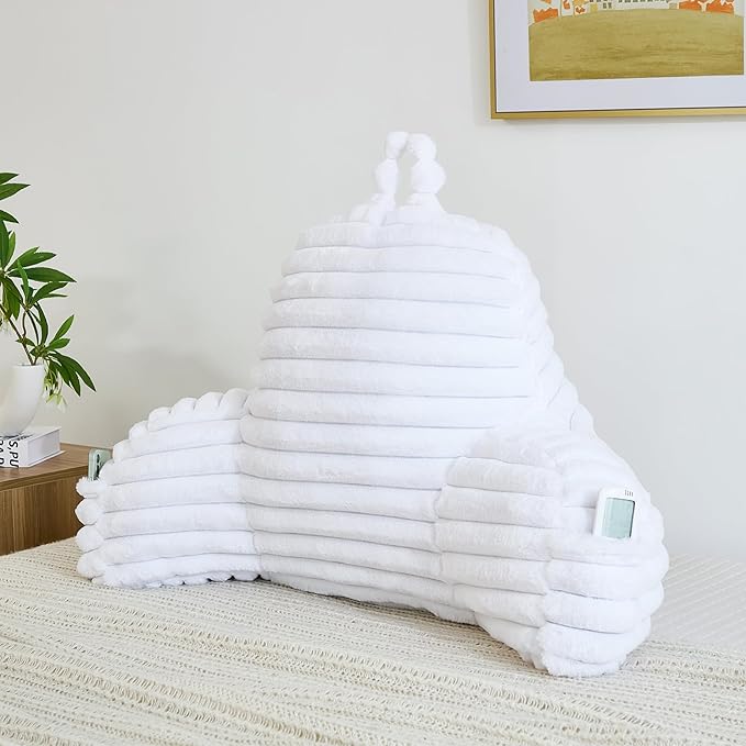 Faux Fur Fluffy White Reading Pillow with Pockets, Luxury Striped Plush Decorative, Arm Rests and Back Surport for Bed Rest, Lounging on sofa, Standard