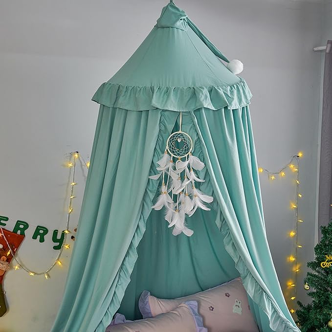 VETHIN Bed Canopy for Girls Kids,Princess Round Dome Children Dreamy Mosquito Net Bedding Girls Room Castle Play Tent Hanging House Decor Reading Nook Canopies (Green)