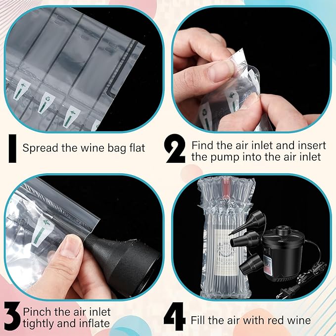 300 Pcs Wine Bottle Travel Protector Bags, Inflatable Air Column Packaging Bubble Bag with Reusable Inflator Pump, Reusable Wine Bottle Protector Air Cushion Bags for Travel Shipping