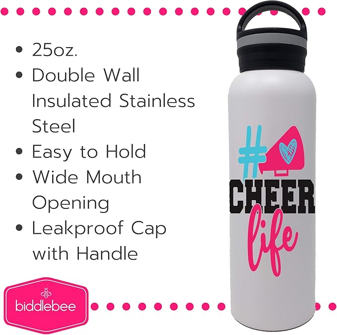 25 oz. Cheer Dance & Gymnastics Stainless Steel Water Bottle - Perfect Gifts for Cheerleaders, Dancers, Gymnasts & Coaches (Cheer Life)