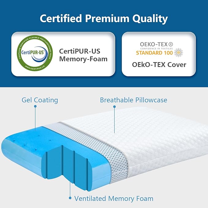 inight Cooling Pillow, Cooling Gel Pillow Memory Foam, Cooling Pillows for Side Sleepers & Back Sleepers Pillow, Cool Gel Pillows for Sleeping, Oeko-TEX & CertiPUR-US Pillow Standard Size