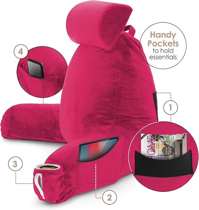 Nestl Reading Pillow Large Bed Pillow, Back Pillow for Sitting in Bed Shredded Memory Foam Chair Pillow, Reading & Bed Rest Pillows Hot Pink Back Pillow for Bed, Bed Chair Arm Pillow with Pockets