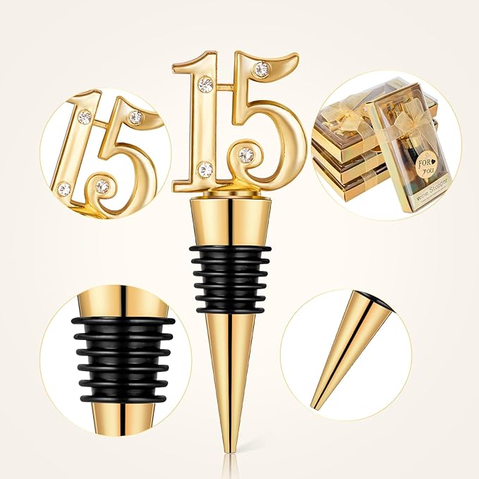 24-Pack 15 Wine Bottle Stopper for 15th Birthday Party Favors, Quinceañera Party Favors - 15 years old Wedding Anniversary Souvenirs or Decorations, Gift for Guests