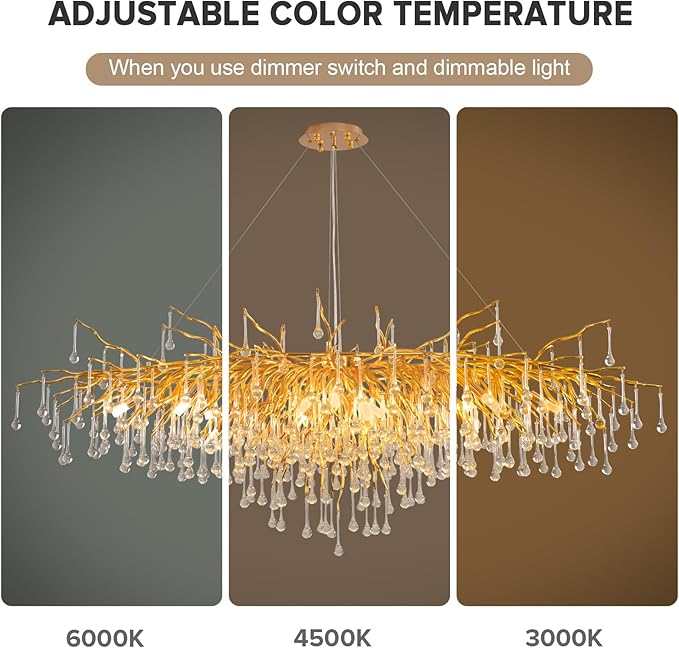 63in Modern Chandeliers, Tree Branch Chandelier Raindrop Crystal Pendant Light Fixtures, Gold Finish Chandeliers Light for Dining Room, Entryway, Living Room, 15-Light