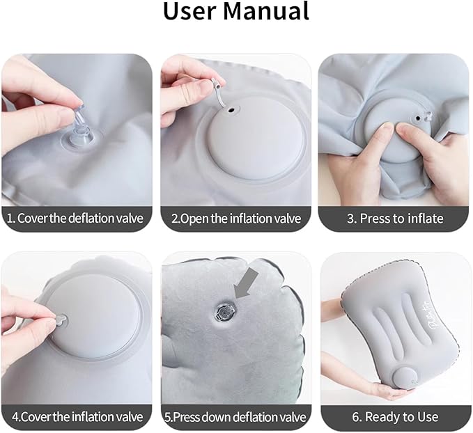 Ultralight Inflatable Travel Pillow Press to Inflate Compressible Ergonomic Neck and Lumbar Support While Camping Driving Sleeping Grey