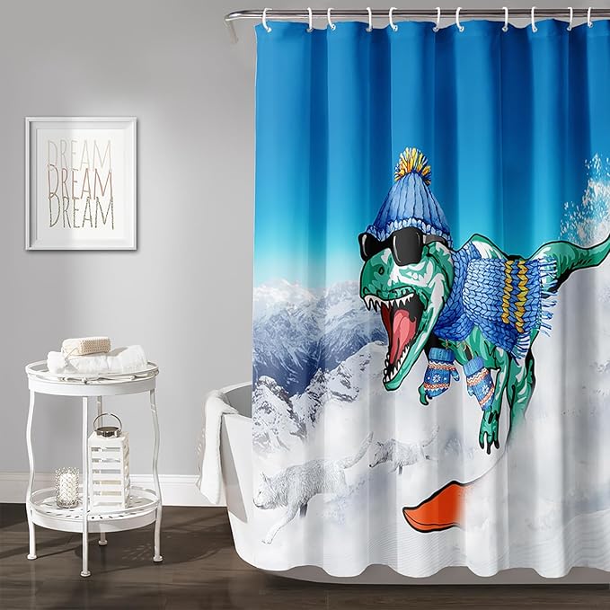 AILONEN Dinosaur Shower Curtain for Boys,Snow Wolf Shower Curtain, 60" W*72" H Waterproof Dino and Wolf Animals Themed Decor Bathroom with Grommets and Hooks